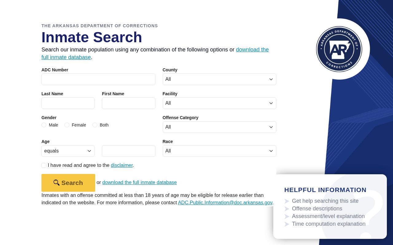Arkansas ADC offender search for White County correction records